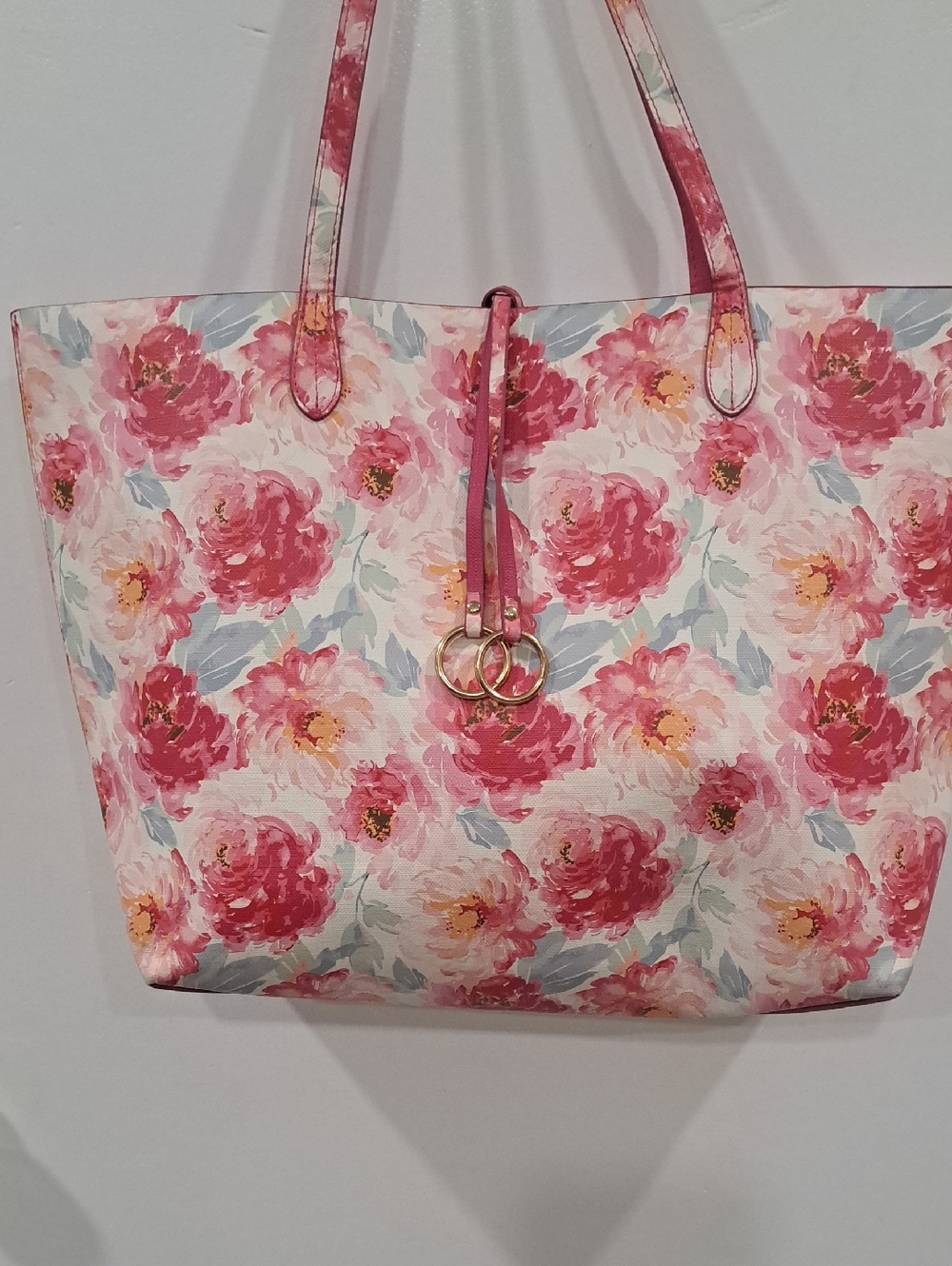 Steinmark Pink Floral Reverable Tote with Blue and Cream Accents